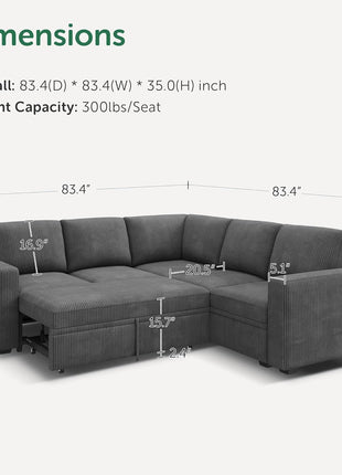 Stylish Dark Grey Modular Sectional Sleeper Sofa with Pull-Out Bed and Storage - Versatile L-Shaped Couch for Living Room Aesthetics