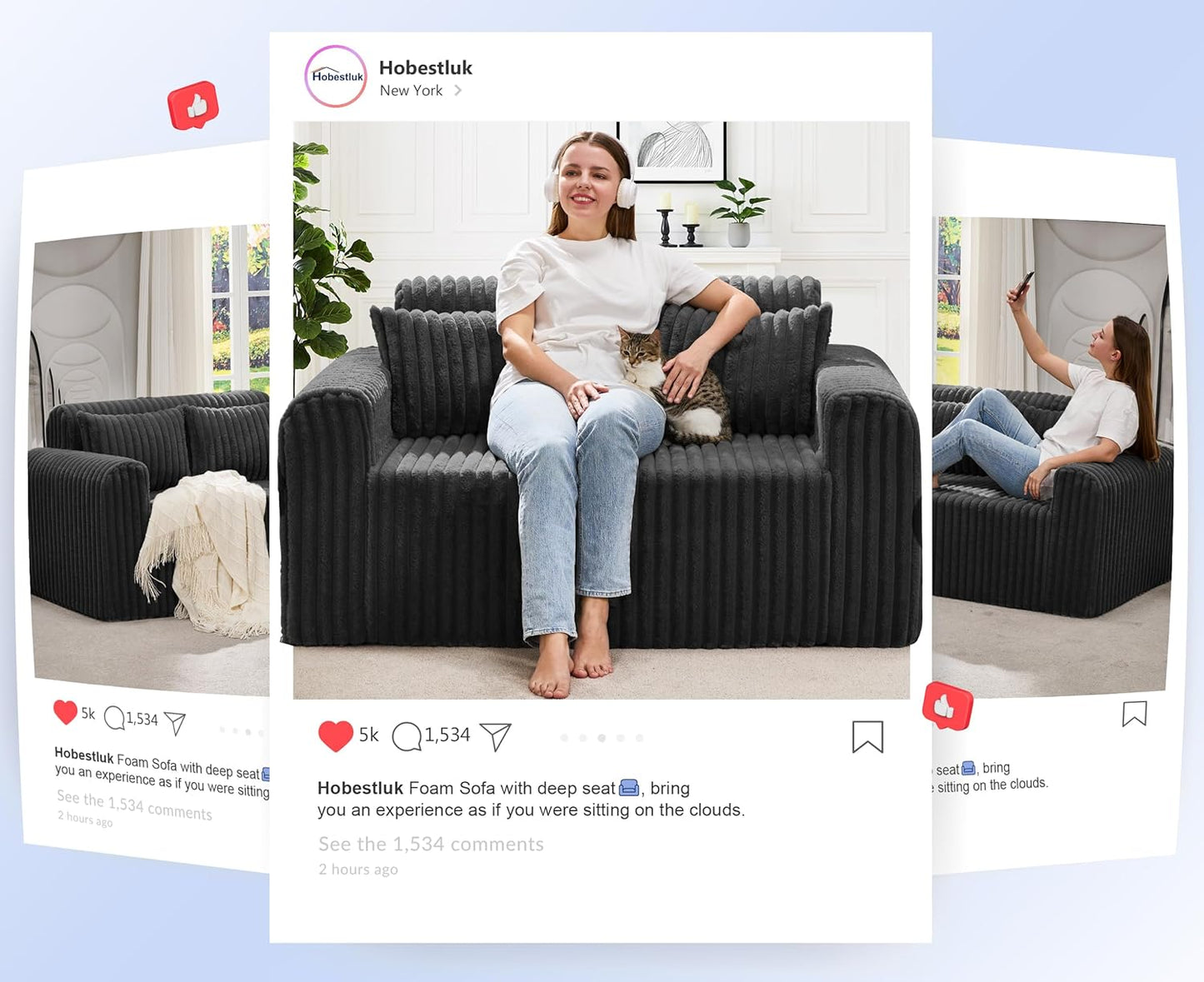 Couch Sofa 2-Seater Foam Sofa Loveseat for Small Spaces Comfy Sofas with Removable Cover Furry Couch with Pillows for Living Room, Bedroom, Apartment, Office (Black, Loveseat)