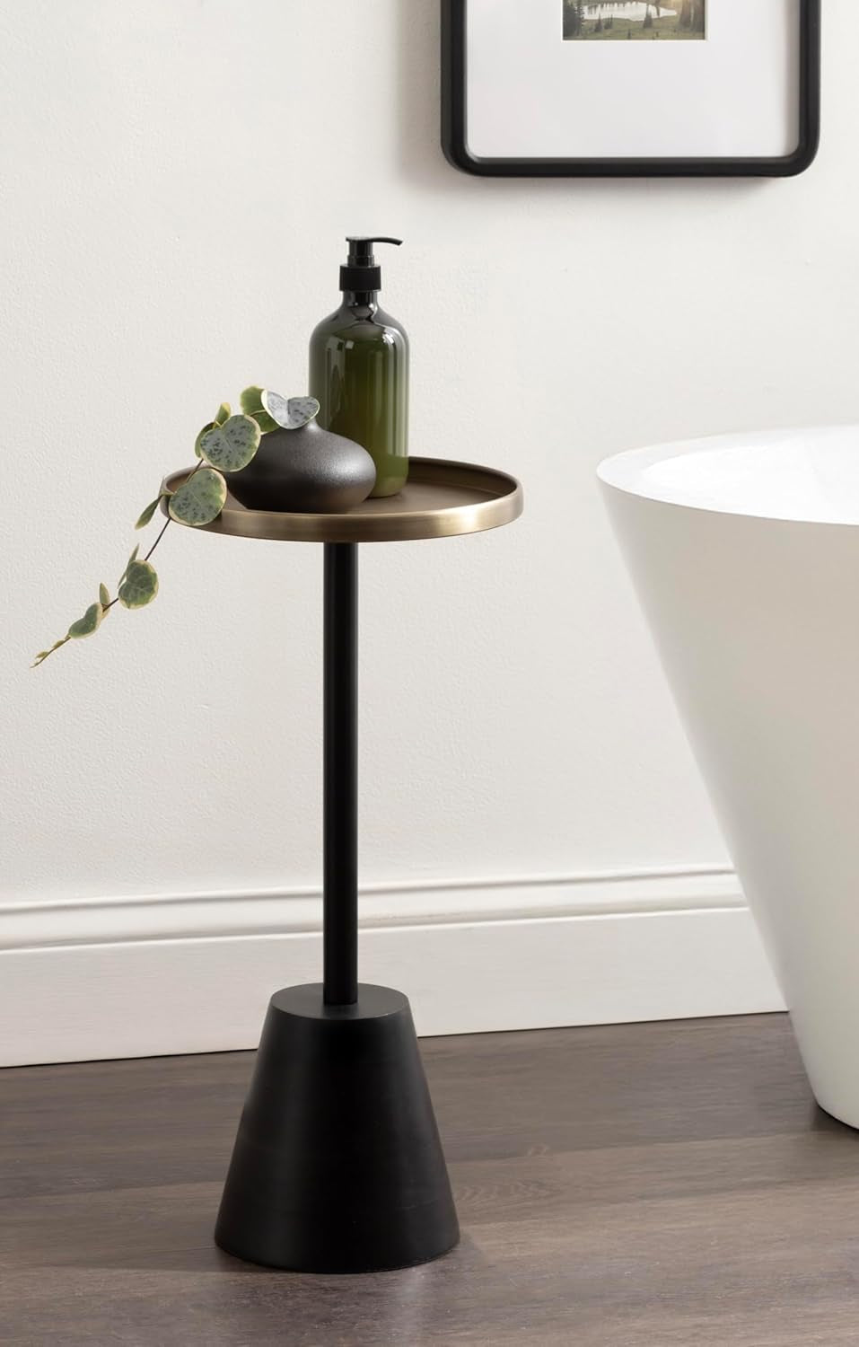 Tira Elegant round Drink Table, 10 X 22, Antique Brass and Black, Vintage Glam Circle Martini Table for Use as a Small Bedroom Nightstand or Living Room Plant Stand Option