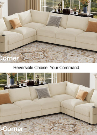 Luxurious FSC Certified Velvet U-Shaped Sectional Sofa - Oversized Convertible Sleeper Couch with Detachable Armrests, Seats Up to 6 in Chenille Beige