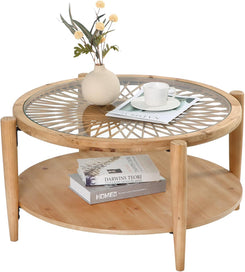 Rattan Coffee Tables,2-Tier round Boho Cocktail Tables, Mid Century Modern Coffee Table with Rattan & Tempered Glass Top and Wood Legs, Sofa Table for Living Room(Natural)