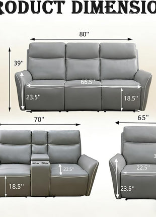 3-Piece Power Leather Recliner Sofa Set with Electric Reclining Sofa, Loveseat, and Chair - Home Theater Seating Featuring Cup Holders, USB Ports, and Storage Console