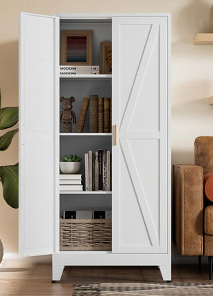 61" White Farmhouse Storage Cabinet with 2 Barn Doors, 3 Adjustable Shelves, and Legs for Versatile Use in Kitchen, Dining Room, Bathroom, Living Room, Office, or Laundry Room