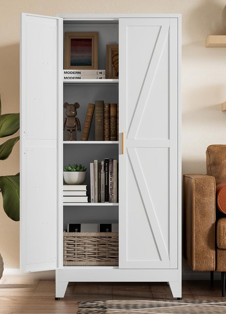61" White Farmhouse Storage Cabinet with 2 Barn Doors, 3 Adjustable Shelves, and Legs for Versatile Use in Kitchen, Dining Room, Bathroom, Living Room, Office, or Laundry Room