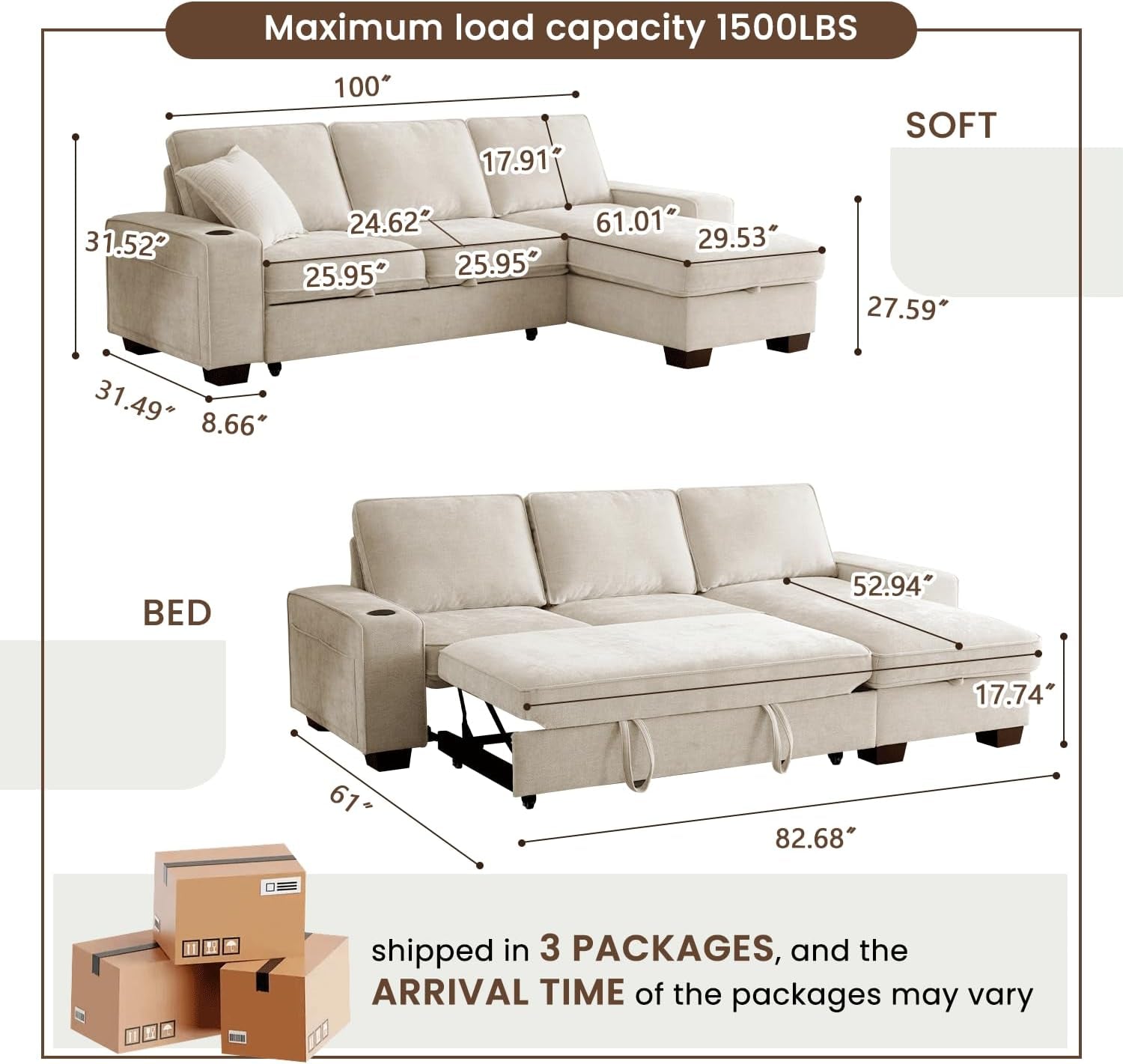 99" Convertible Sleeper Sofa Bed,L Shaped with Storage Chaise Pull Out Couch for Living Room,Usb and Type-C,Removable Washable Chenille Covers (Beige)