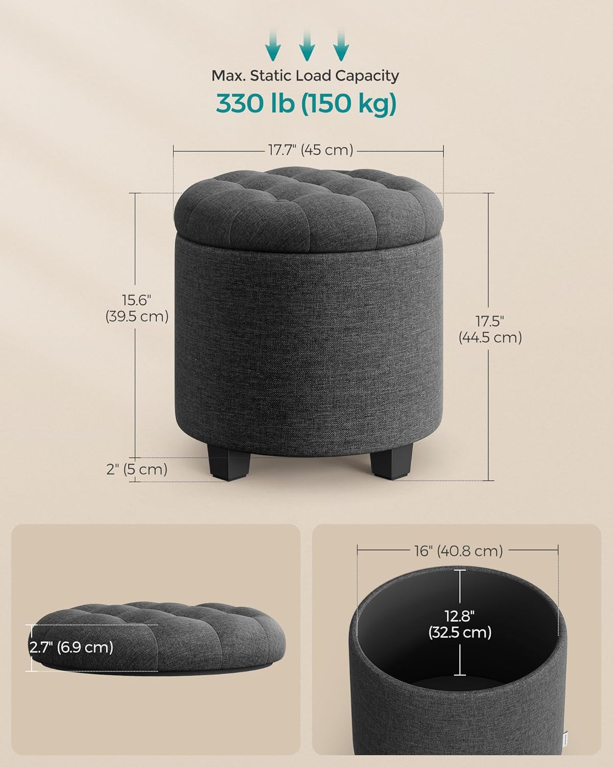 round Ottoman, Ottoman with Storage, 17.7 Dia. X 17.5 H Inches Foot Rest with Legs, Load up to 330 Lb, for Living Room, Bedroom, Dark Gray ULOM011G01