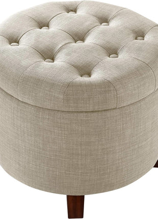 Round Storage Ottoman Footrest - Button-Tufted Upholstered Footstool with Storage, Durable Linen Fabric for Living Room and Bedroom, 20" x 17", Beige