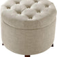 round Linen Ottoman with Storage, Tufted Upholstered Footstool for Living Room and Bedroom, 20" X 17", Linen Burlap Beige