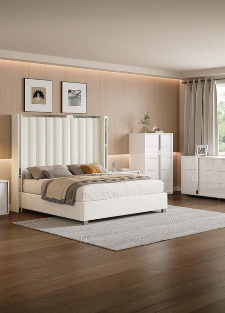 5-Piece Contemporary Bedroom Set with King Size Upholstered Platform Bed, 58" Wingback Headboard, 6-Drawer Dresser, Tall Chest, and 2 Coordinated Nightstands in Cream and White