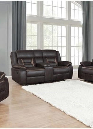 3-Piece Dark Brown Faux Leather Motion Living Room Set with Reclining Sofa, Glider Loveseat with Console, and Glider Recliner with Built-In Cup Holders, Storage, and Power Outlets