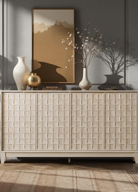Mid-Century Modern Fluted Sideboard Cabinet - Solid Wood Buffet with Adjustable Shelves, Walnut Finish, and Oak White Accents for Dining Room Storage