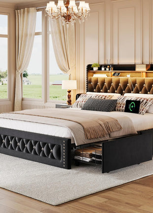 Velvet Upholstered Queen Size Bed Frame with 4 Storage Drawers, Integrated Charging Station, and Storage Headboard, LED Accents, Crystal Décor, No Box Spring Required, Black