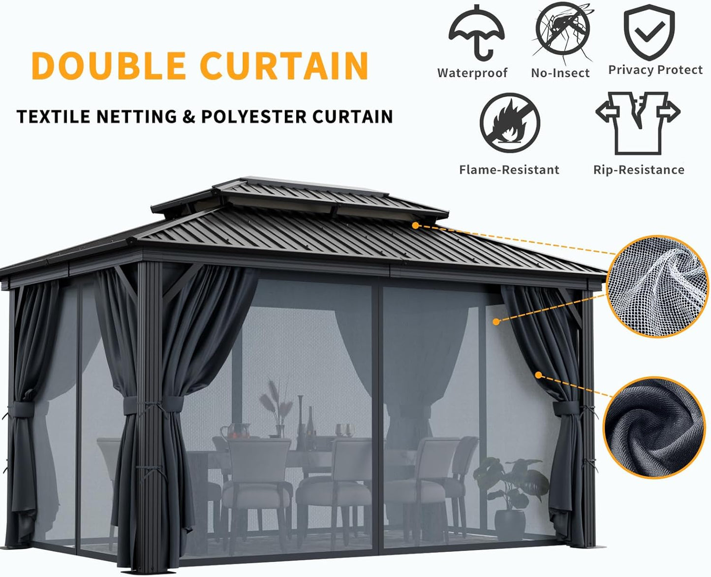 10X12 Hardtop Gazebo on Clearance with Heavy Duty Galvanized Steel Double Metal Roof,Aluminum Frame,Patio Gazebo with Curtains and Netting,Outdoor Permanent Gazebo Pavillon for Backyard,Black