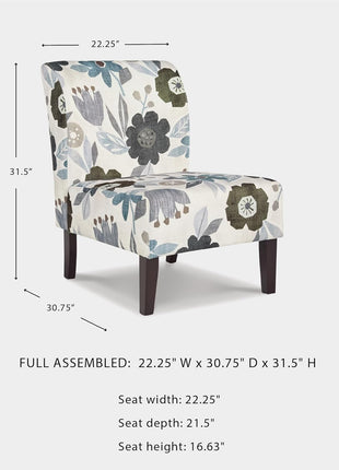 Triptis Floral Armless Accent Chair by Signature Design by Ashley, Fabric Upholstery with Attached Cushions, Wood Legs, 16.63" Seat Height, White, Blue, and Gray