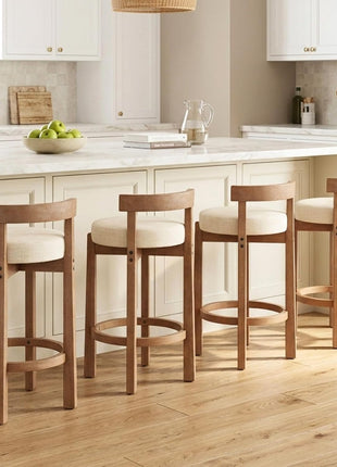 Set of 2 Mid-Century Modern Linen Upholstered Bar Stools, 26.5-Inch Counter Height with Solid Wood Legs for Kitchen Island and Dining Room, Beige