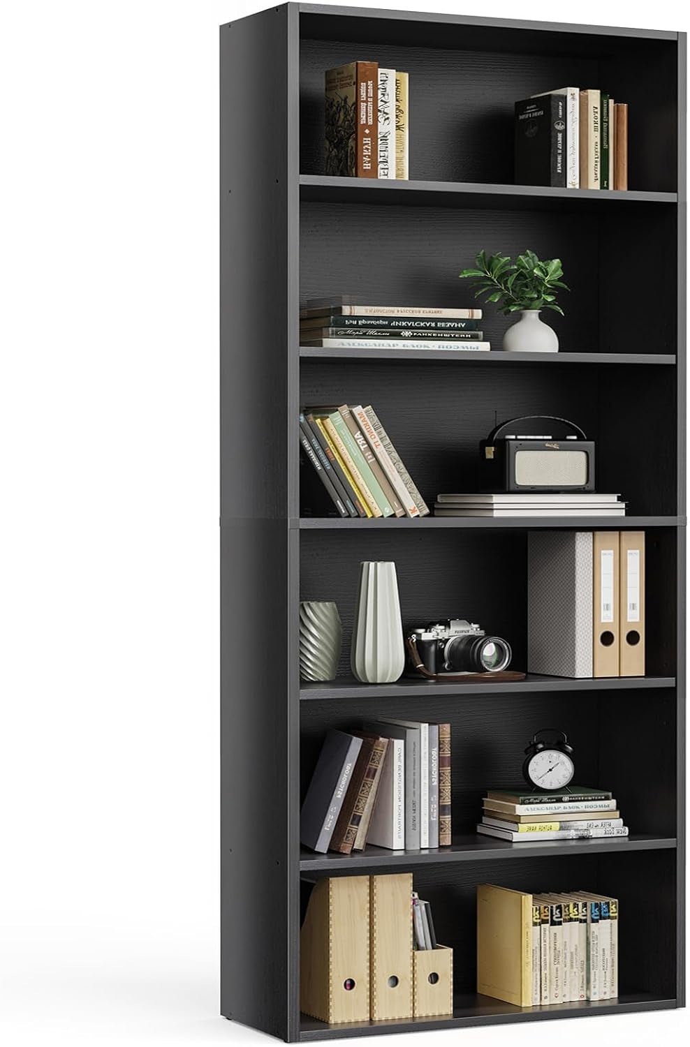 Industrial 6 Shelf Bookcase - Large 63 Inch Tall Floor Standing Open Bookshelf with Anti-Tipping Device for Home Office, Living Room, and Bedroom Storage, Black