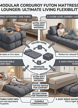 Gray Modular Convertible Floor Sofa Bed - Space-Efficient Foldable Sleeper Couch with Cushions for Compact Living Spaces