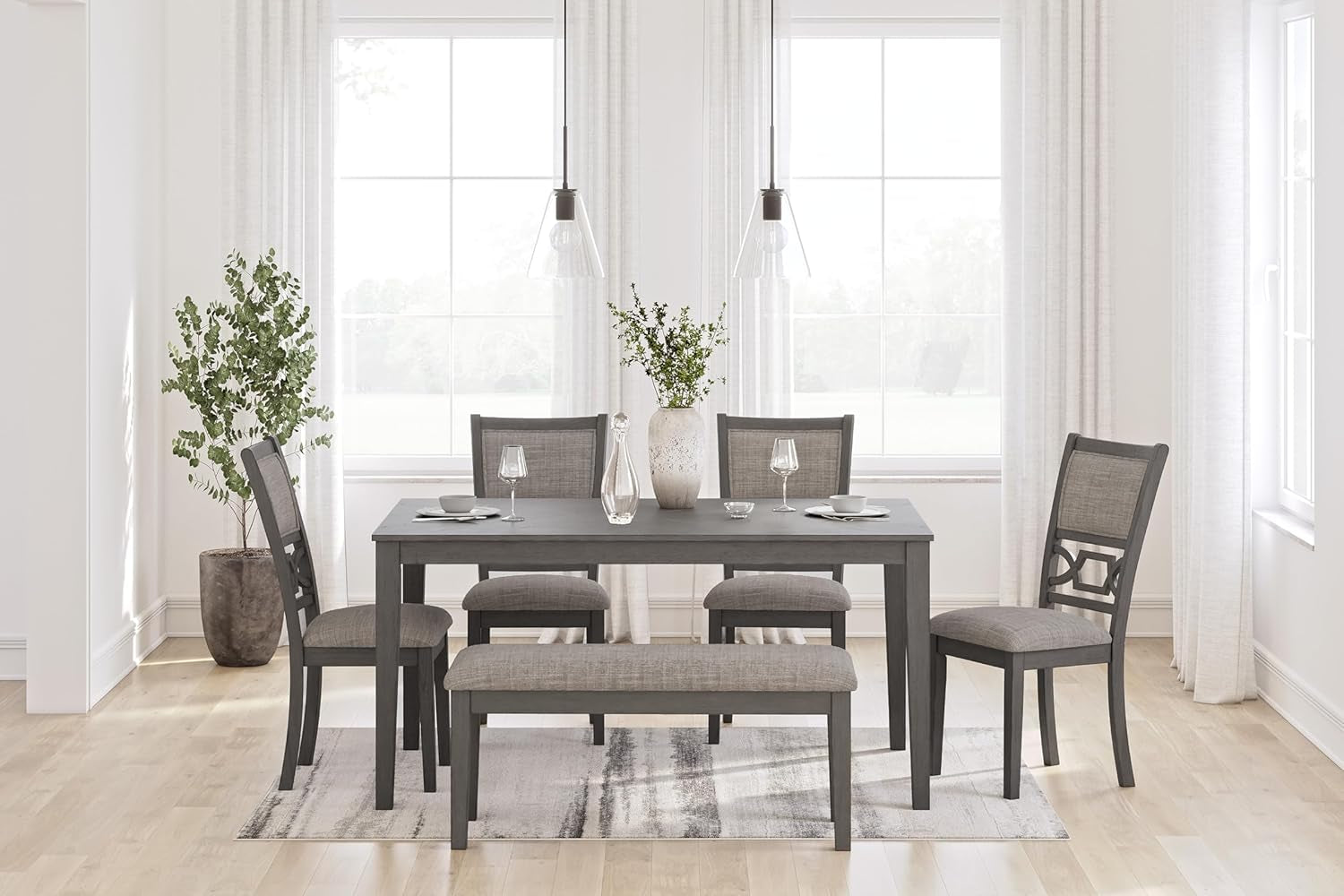 Wrenning Diamond Patterned Dining Table Set, 4 Upholstered Chairs and Bench, Seats 6, Wood, Gray