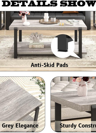 Modern Rustic Coffee Table with Storage Shelf - Industrial 2-Tier Rectangle Design in Light Grey for Living Room