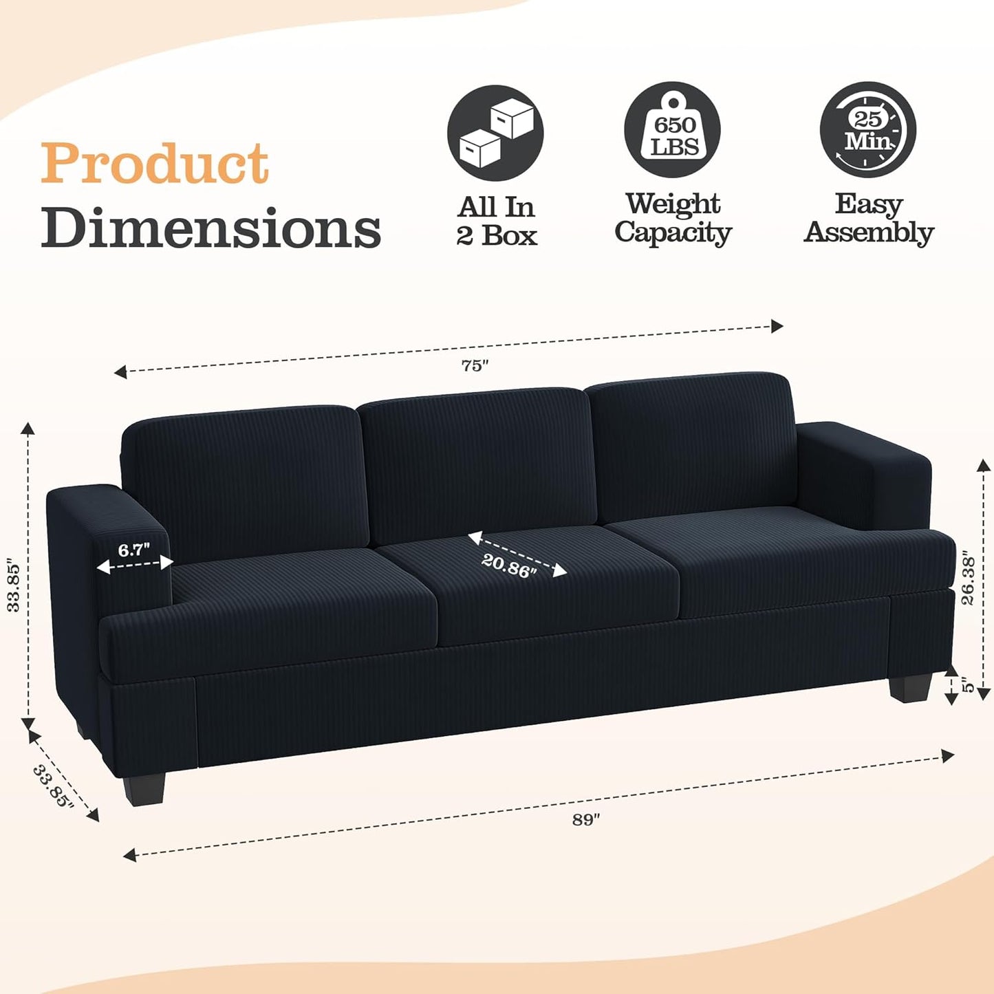 Loveseat & 3 Seater Sofa Sets, 89" Couch Sofa Set for Living Room Furniture, 2 Piece Modern Sleeper Sofa with Deep Seat Cloud Couch for Apartment Lounge, Black Corduroy