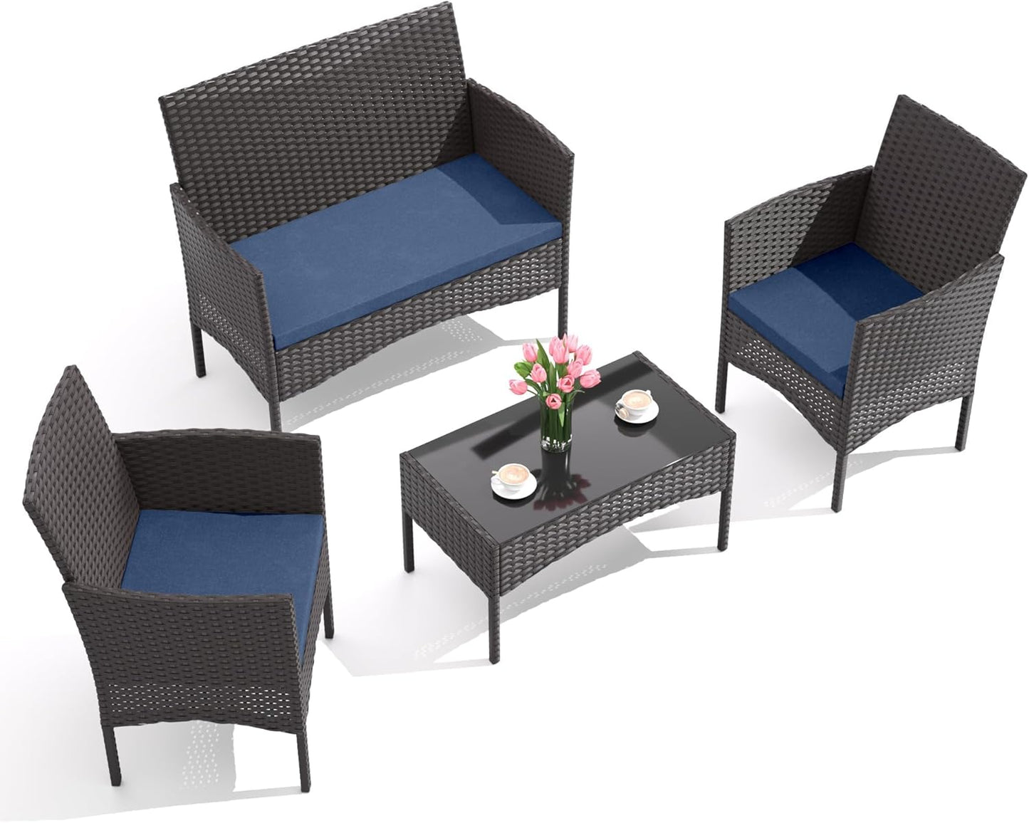 4-Piece Outdoor Patio Furniture Set, Wicker Rattan Chairs & Sofa with Cushions and Glass Coffee Table, Conversation Set for Backyard, Lawn, Porch, Pool, Garden (Navy-2)