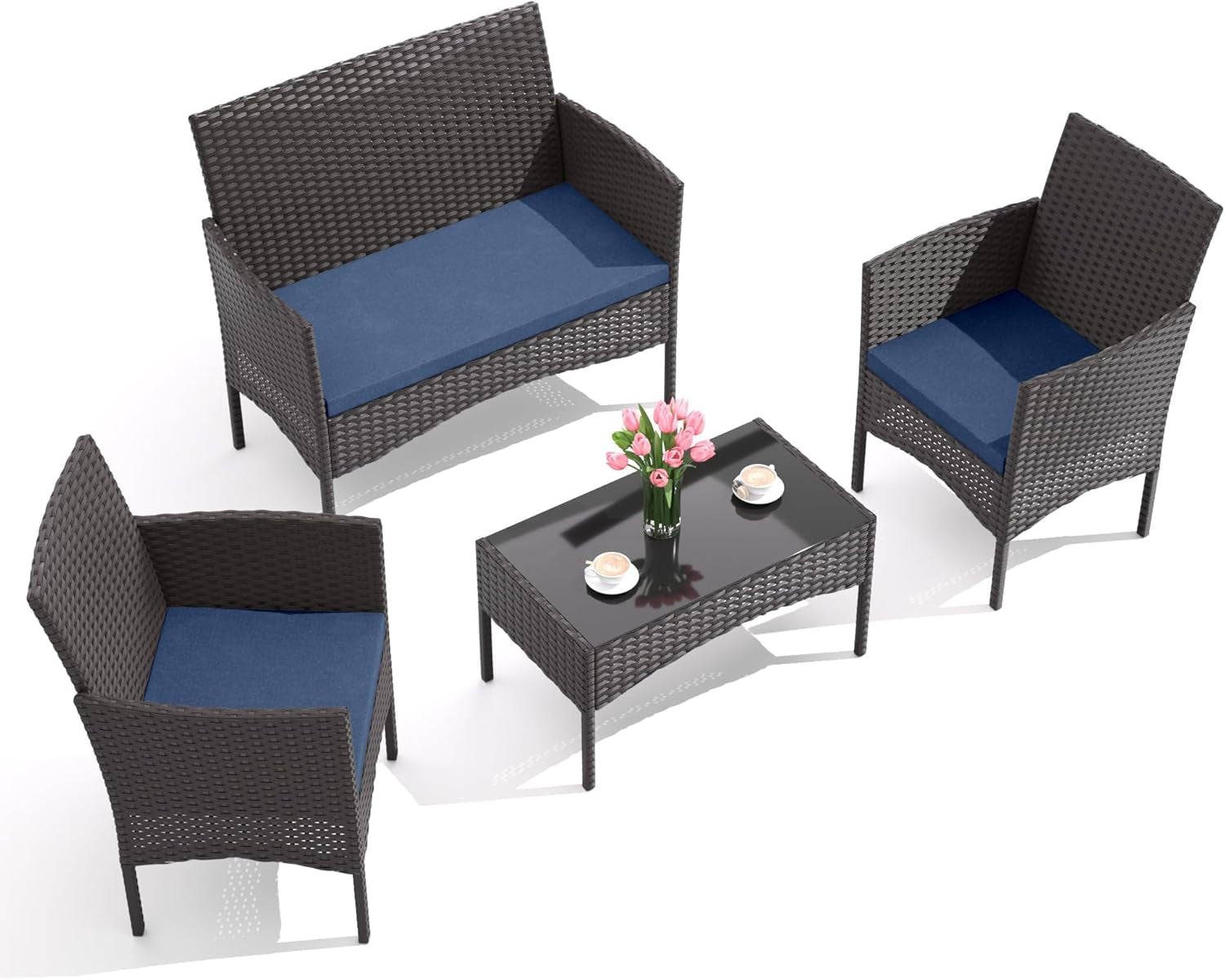 4-Piece Outdoor Patio Furniture Set, Wicker Rattan Chairs & Sofa with Cushions and Glass Coffee Table, Conversation Set for Backyard, Lawn, Porch, Pool, Garden (Navy-2)
