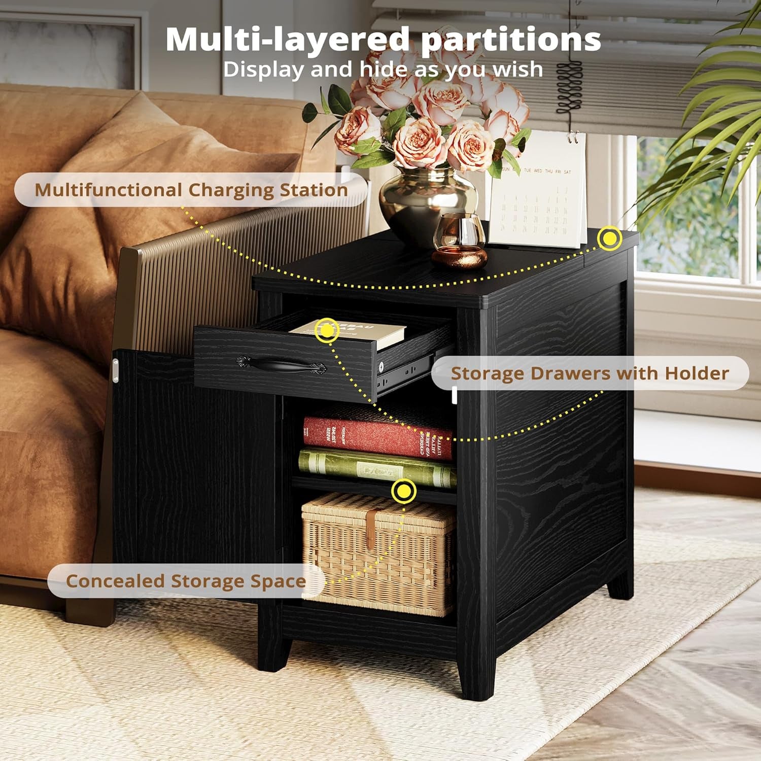 End Table with Charging Station, Narrow Side Table for Living Room, Farmhouse Night Stand for Bedroom, Bedside Table with Storage and Drawer for Home, Black