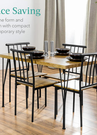 5-Piece Contemporary Rectangular Dining Table Set with Metal and Wood Finish for Kitchen and Dining Room, Featuring 4 Chairs - Brown