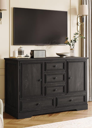 47" Modern Farmhouse Buffet Cabinet with 5 Drawers and Adjustable Shelves, Versatile Sideboard Storage for Dining Room and Kitchen, Black Finish