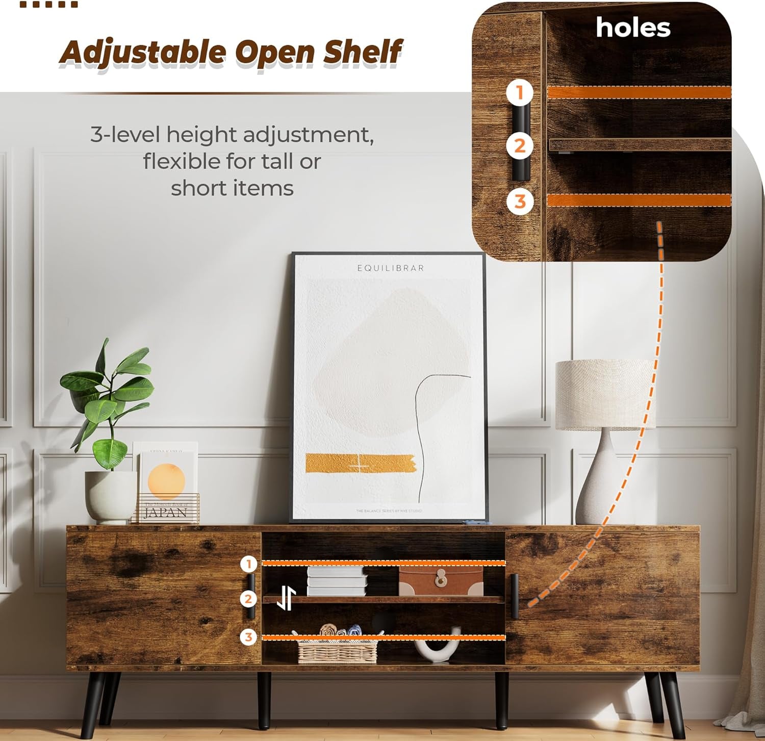 TV Stand for 55 Inch TV, Entertainment Center with Adjustable Shelf, 2 Cabinets, TV Console Table, Media Console, Solid Wood Feet, Cord Holes, for Living Room, Bedroom, Rustic Brown