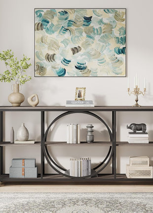 70.9-Inch Extra Long Narrow Console Table with Three-Tier Wooden Storage Shelves and Metal Frame for Entryway, Hallway, and Living Room - Black Rustic Gray