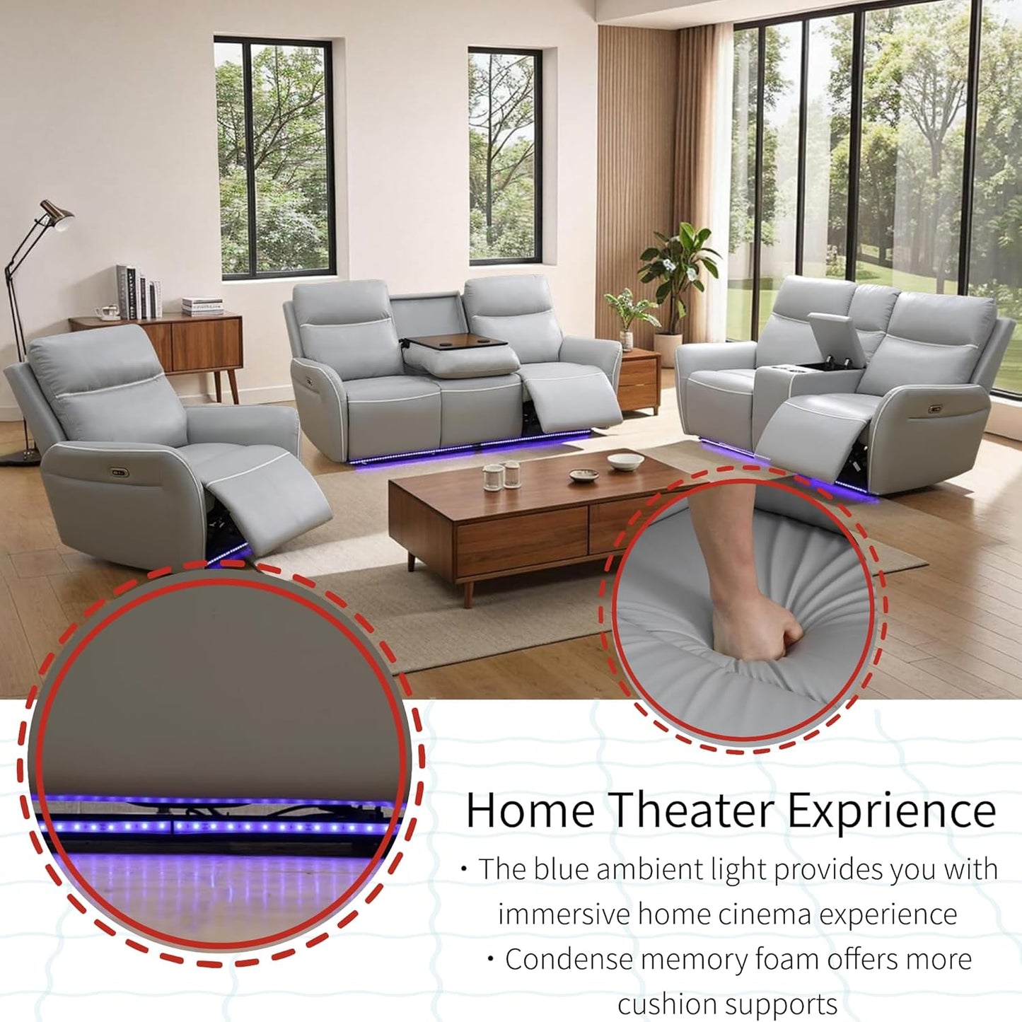 Air Leather Power Recliner Sofa Set with LED, Reclining Living Room Furniture Sets, Power Recliner Couch Set with USB Ports for House/Home Theater (Light Grey, Sofa+Loveseat+Chair)