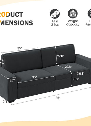 86'' Modern Loveseat Sofa for Living Room, Comfortable Couch with Removable Cover, Wide Armrests, Easy Assembly, Corduroy Design for Small Spaces, Bedroom, Apartment, Dark Gray
