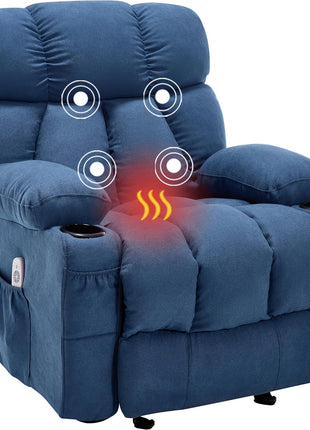 Ergonomic Massage Rocker Recliner Chair with Heat and Vibration - Overstuffed Lounge Chair for Living Room with 4 Side Pockets and 2 Cup Holders in Grey