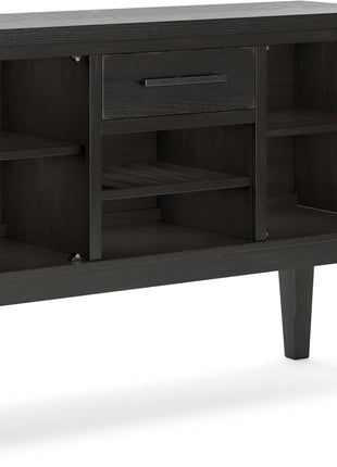 Galliden Urban 2-Door Dining Server by Signature Design by Ashley featuring Reversible Wine Rack Shelf, Adjustable Shelves, and Felt-Lined Drawer in Black and Light Brown