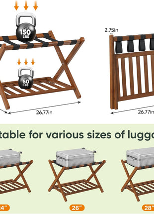 Fully Assembled Bamboo Luggage Racks Set of 2 with Shoe Shelf, Foldable Suitcase Holders for Guest Rooms, Bedrooms, and Hotels in Walnut Finish