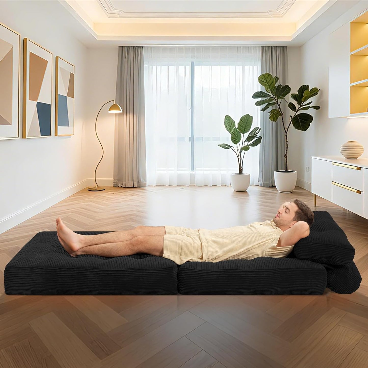 Folding Sofa Bed, Convertible Sleeper Chair Bed W/Dual-Pillow & Handle, Foldable Floor Sofa Lounge W/Back Support for Living Room, Bedroom, Apartment, Office, Single, Black