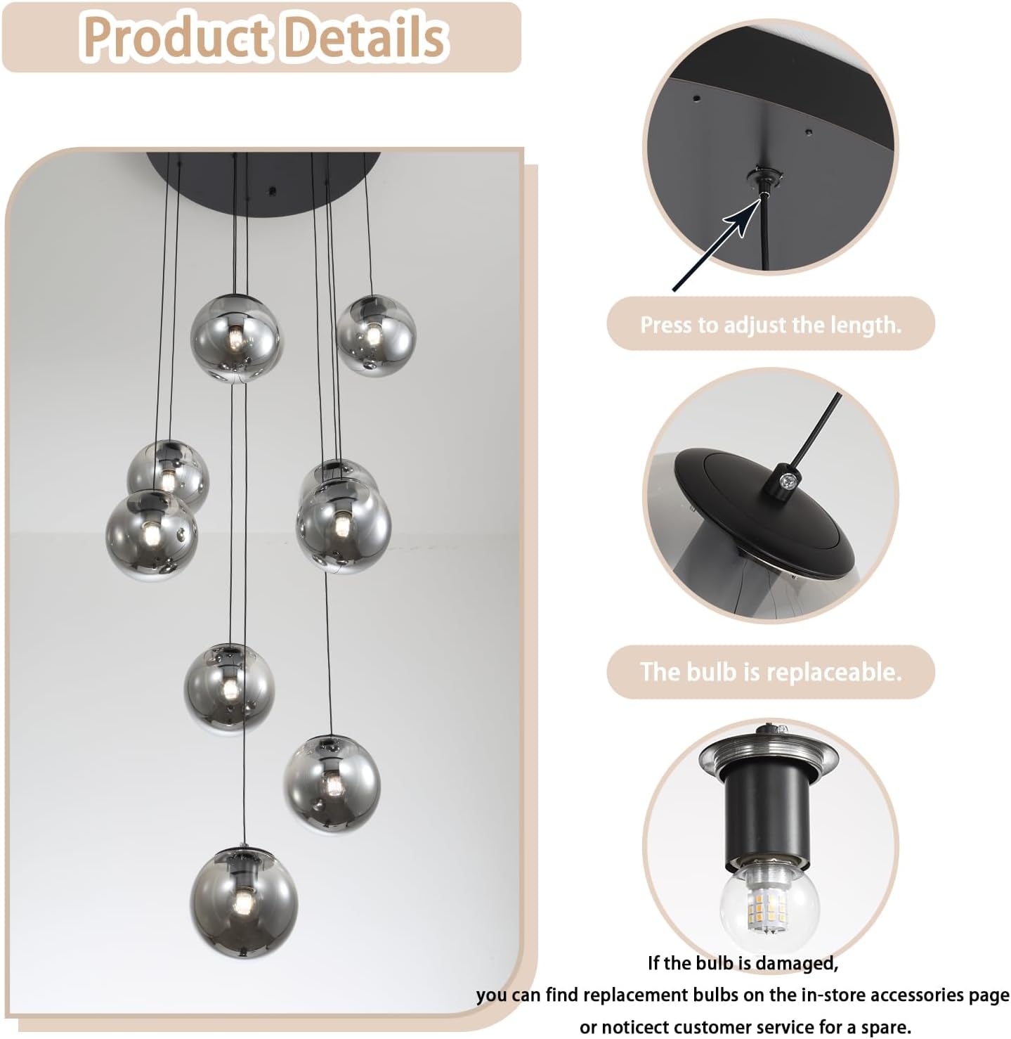 3-Light Black Pendant Light Fixtures Modern Smoke Gray Glass Globe Pendant Lights Kitchen Island Adjustable Hanging Lights Globe Stairwell Lighting Black Chandelier for Dining Room