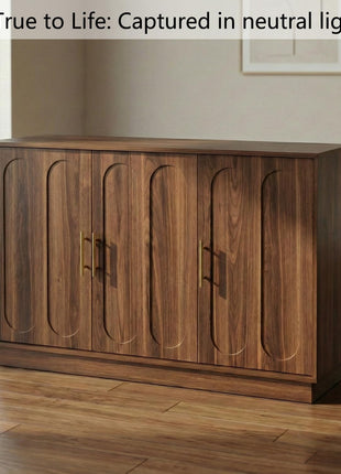 46.6" Modern Farmhouse 3-Door Storage Cabinet, Rustic Brown Sideboard Buffet with Gold Accents, Spacious Fluted Wood Credenza for Dining and Living Spaces, Coffee Bar