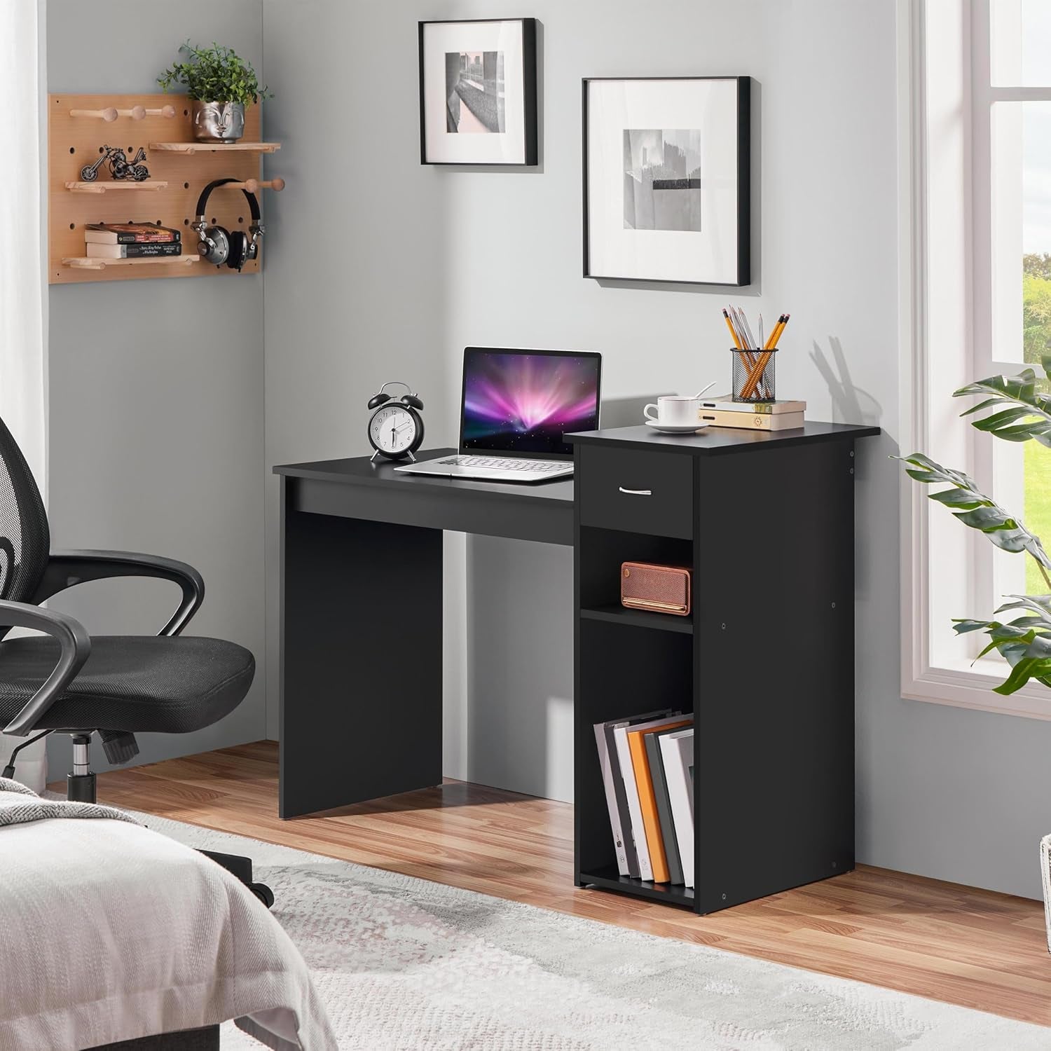 Home Office Modern Desk and Chair Set Computer Desk W/Drawer & Shelves with Ergonomic Mesh Height Adjustable Office Chair