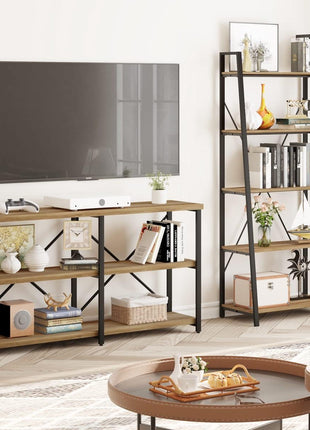 55-Inch Vintage Oak Industrial Console Table - 3-Tier Hallway Table for Entryway and Living Room