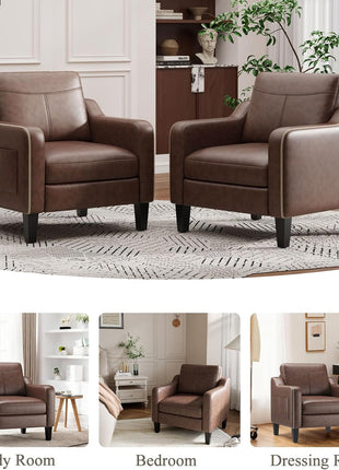 Mid-Century Modern Set of 2 PU Leather Accent Chairs with Removable Cushions and Stitched Armrests in Chocolate Brown