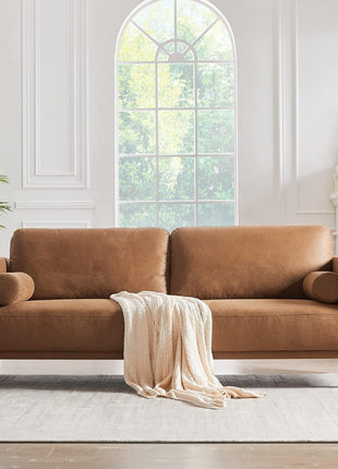 79-Inch Mid-Century Modern Faux Leather Sofa Couch with Deep Seats, Cloud Cushions, and Two Pillows - 3-Seater Loveseat for Living Room, Office, Bedroom, or Apartment in Brown