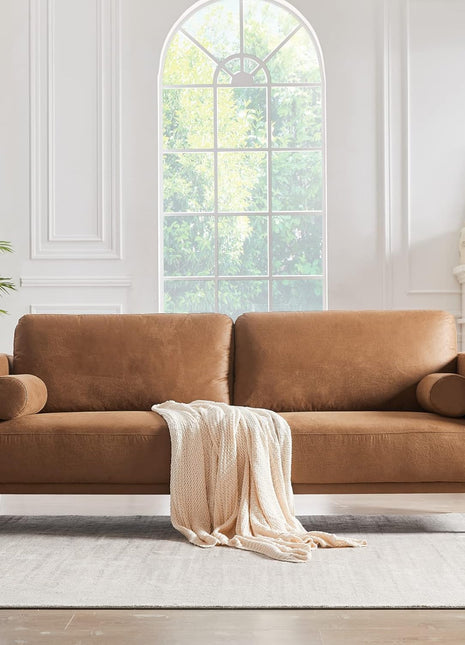 79-Inch Mid-Century Modern Faux Leather Sofa Couch with Deep Seats, Cloud Cushions, and Two Pillows - 3-Seater Loveseat for Living Room, Office, Bedroom, or Apartment in Brown