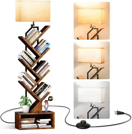 6-Tier Tree Book Shelf with LED Light, Steel&Wood Bookshelf with Storage Cabinet, Narrow Tall Bookcase with 3CCT Bulb, Small Bookshelf for Bedroom, Home Office&Living Room-Rustic Brown