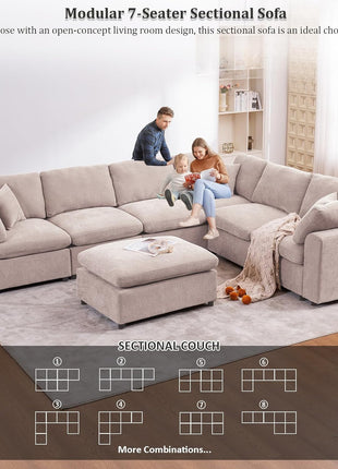 Oversized Modular U-Shaped Sectional Sofa with Ottoman - 7-Seater Modern Corner Couch in Beige Chenille for Living Rooms and Offices