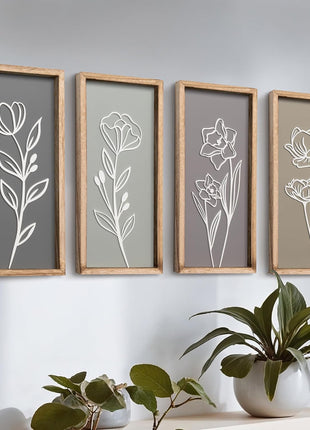 3D Wooden Floral Wall Art Set (4 Pieces) - Lightweight, Ready-to-Hang Framed Decor for Living Spaces - Premium Boho Botanical Farmhouse Decorations - Gift-Boxed