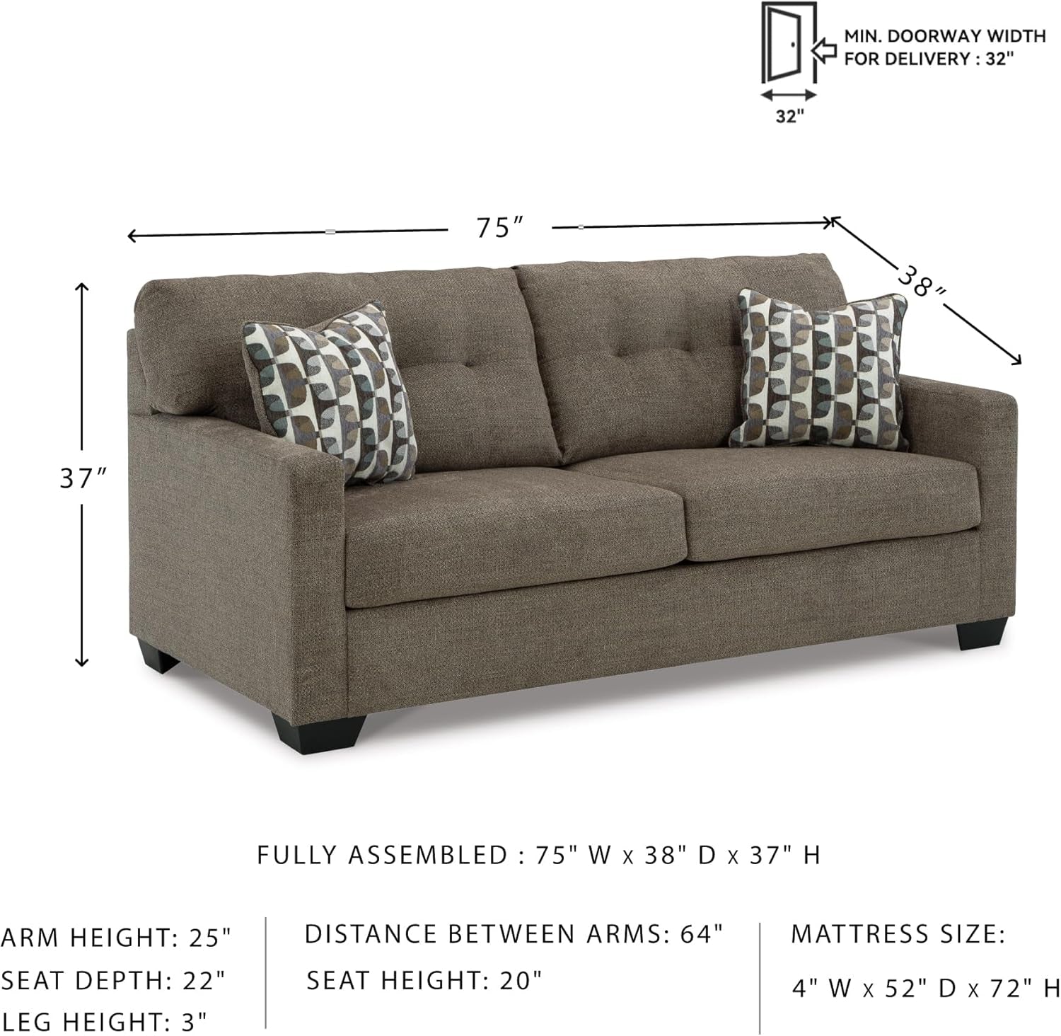 Mahoney Contemporary 2-In-1 Tufted Sofa Sleeper with Folding Gel Memory Foam Mattress, Full, Dark Brown