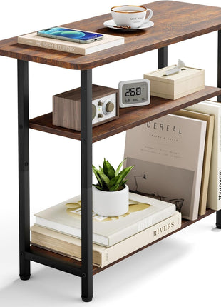 3-Tier Rustic Brown Side Table for Living Room - Narrow Nightstand with Generous Storage for Compact Spaces