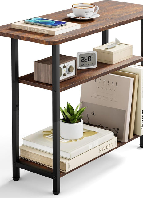 3-Tier Rustic Brown Side Table for Living Room - Narrow Nightstand with Generous Storage for Compact Spaces